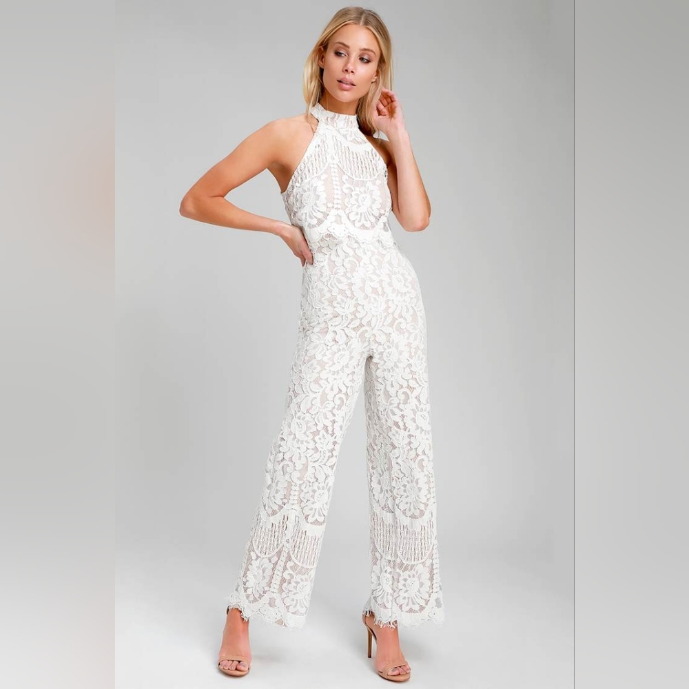 Lulu's Brittany White Lace Sleeveless Elegant Halter Jumpsuit Women's Size Small - Picture 13 of 13